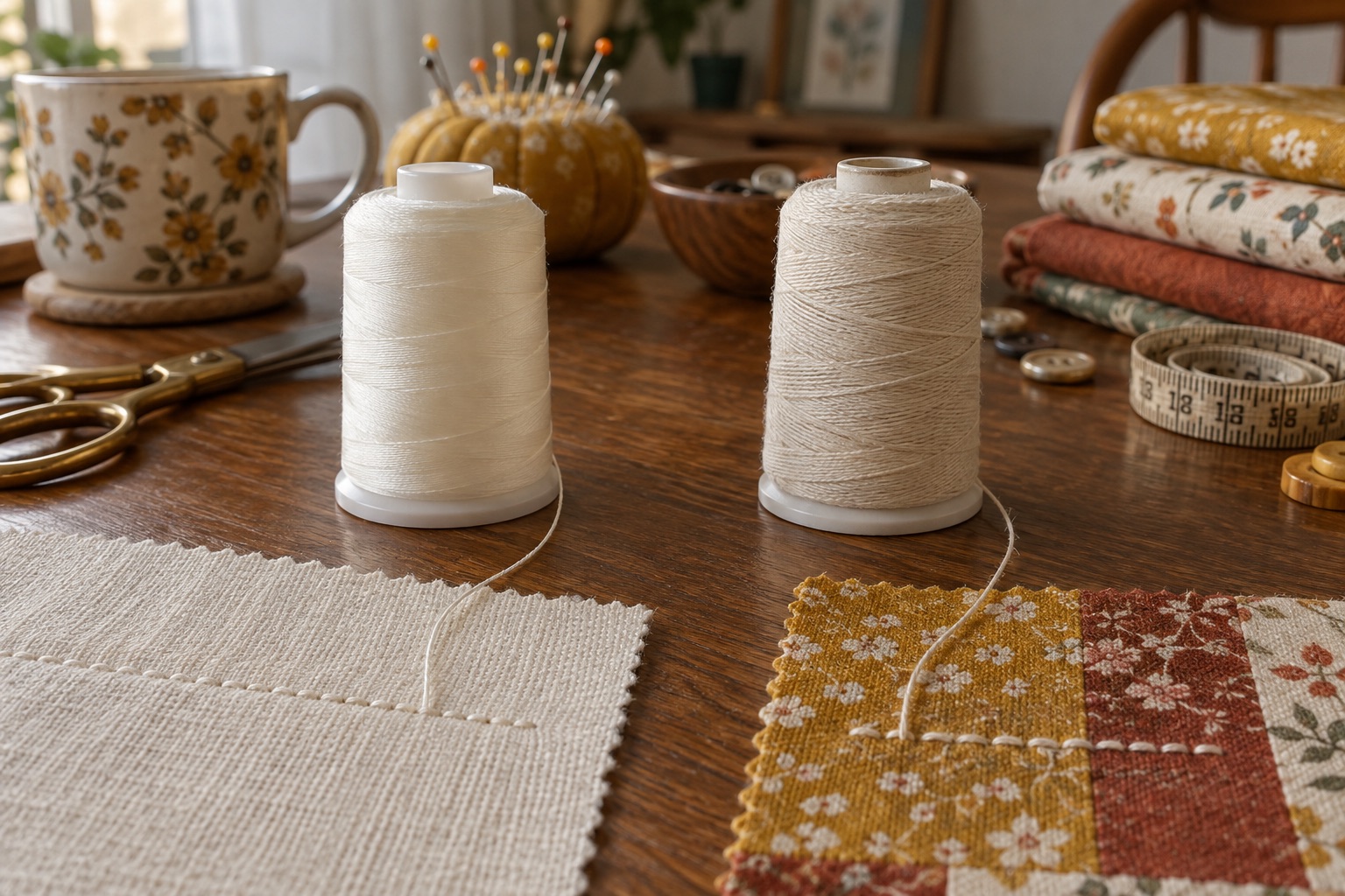 Two unbranded cream thread spools leading to separate woven-cotton and patchwork samples