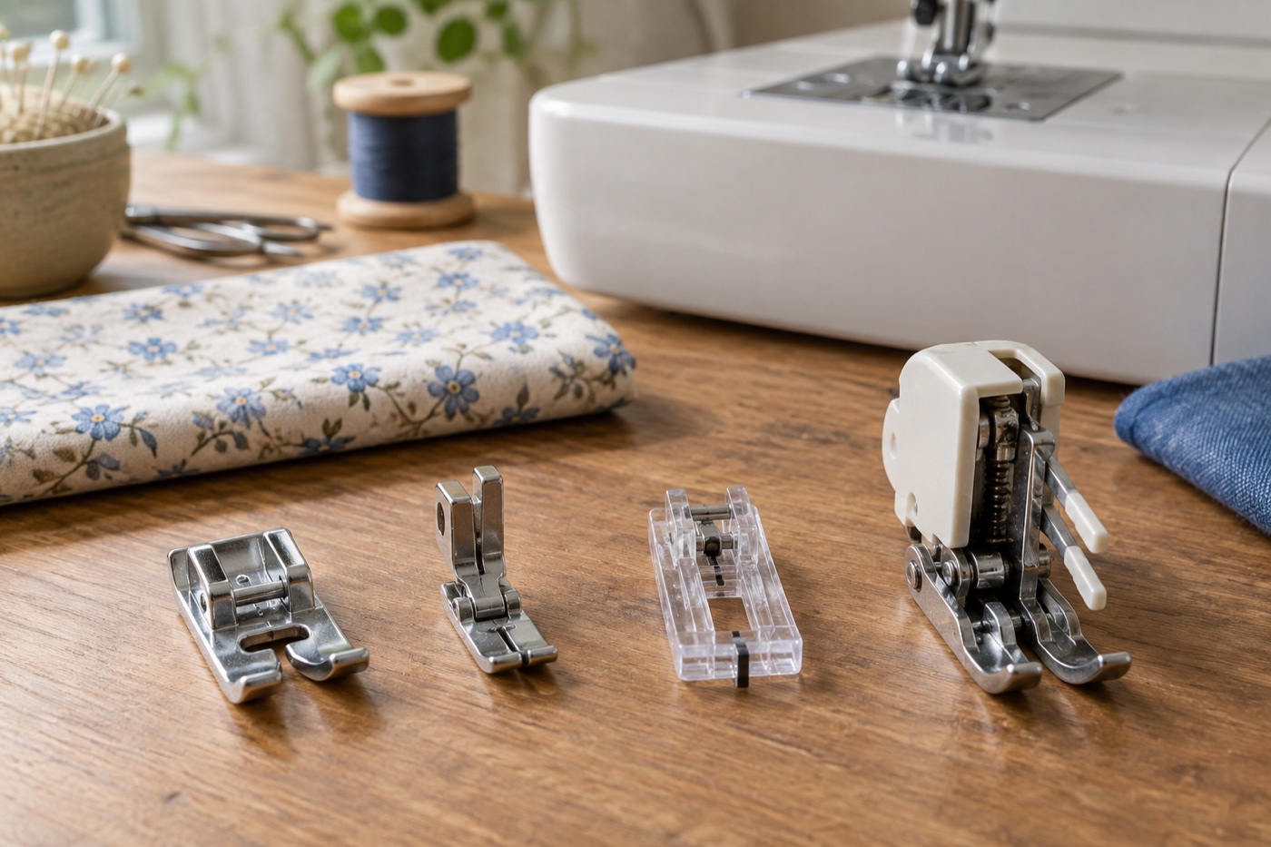 Four distinct unbranded sewing-machine presser feet on a wooden workbench