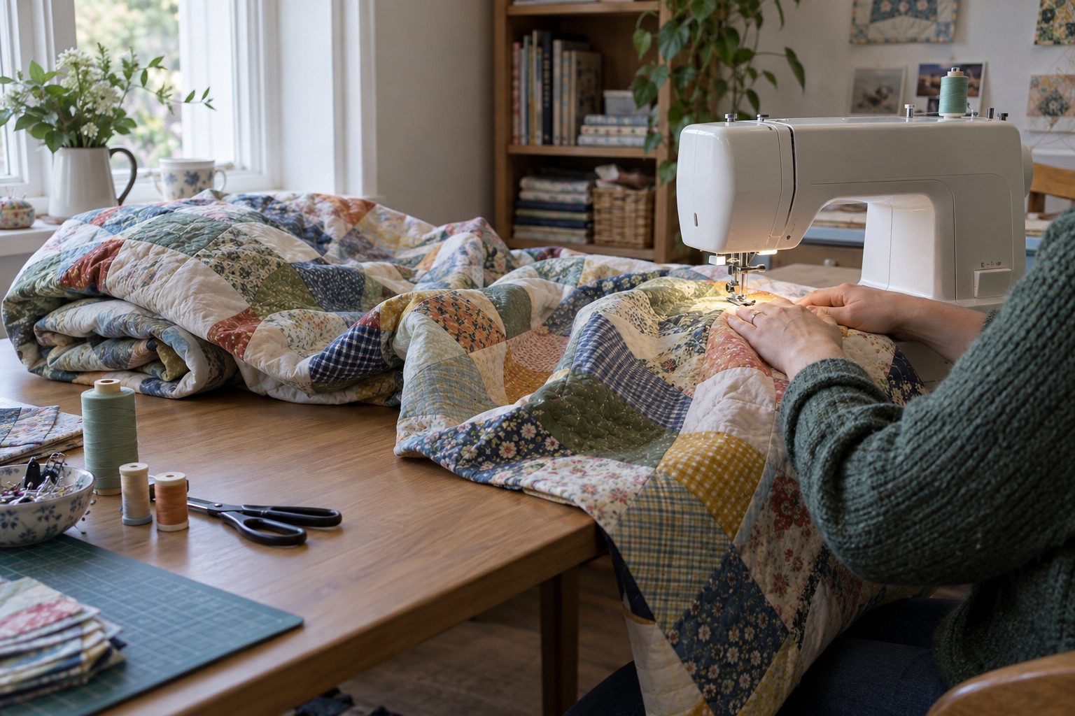 A large patchwork quilt resting on a home worktable while part of it passes through an unbranded sewing machine