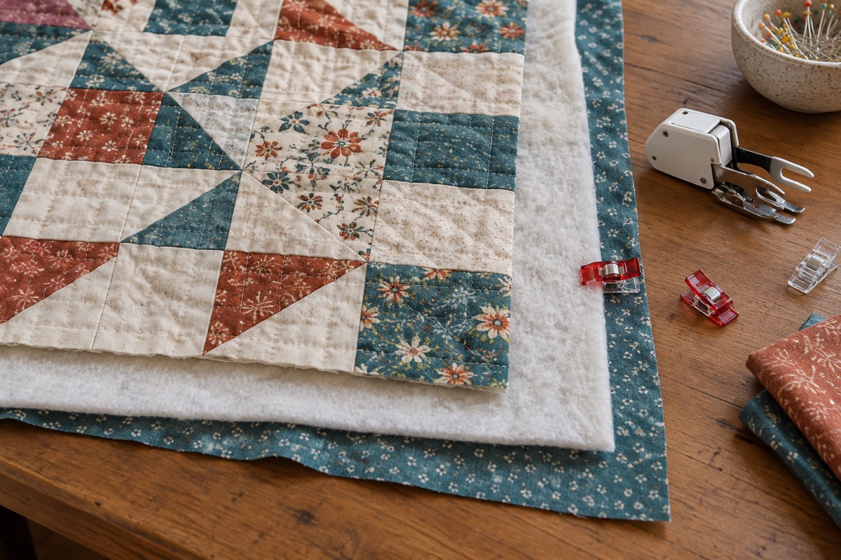 Editorial scene showing patchwork top, wadding and backing slightly offset beside basting clips and a walking foot