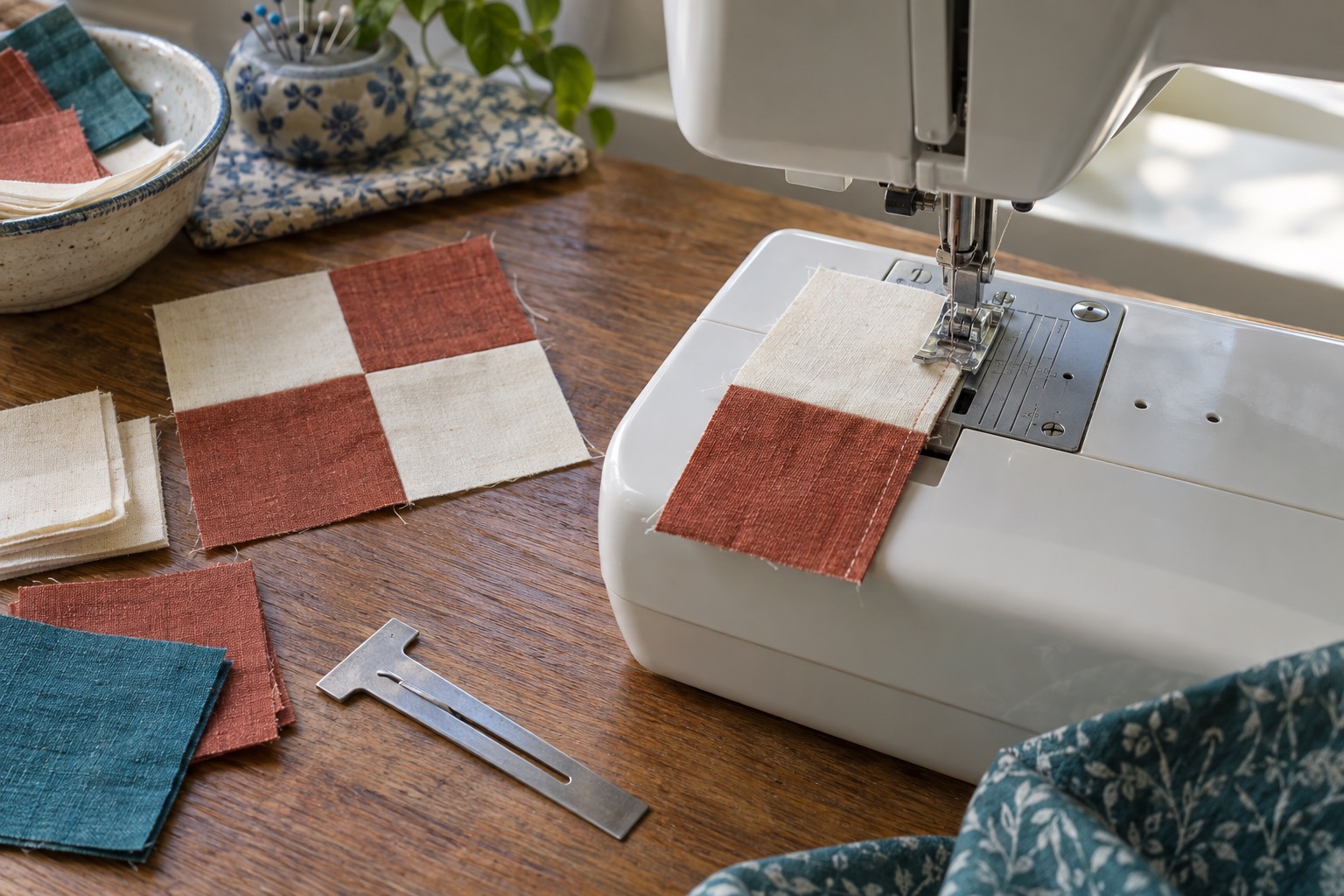 Small rust and cream patchwork squares being joined at the presser foot of an unbranded sewing machine