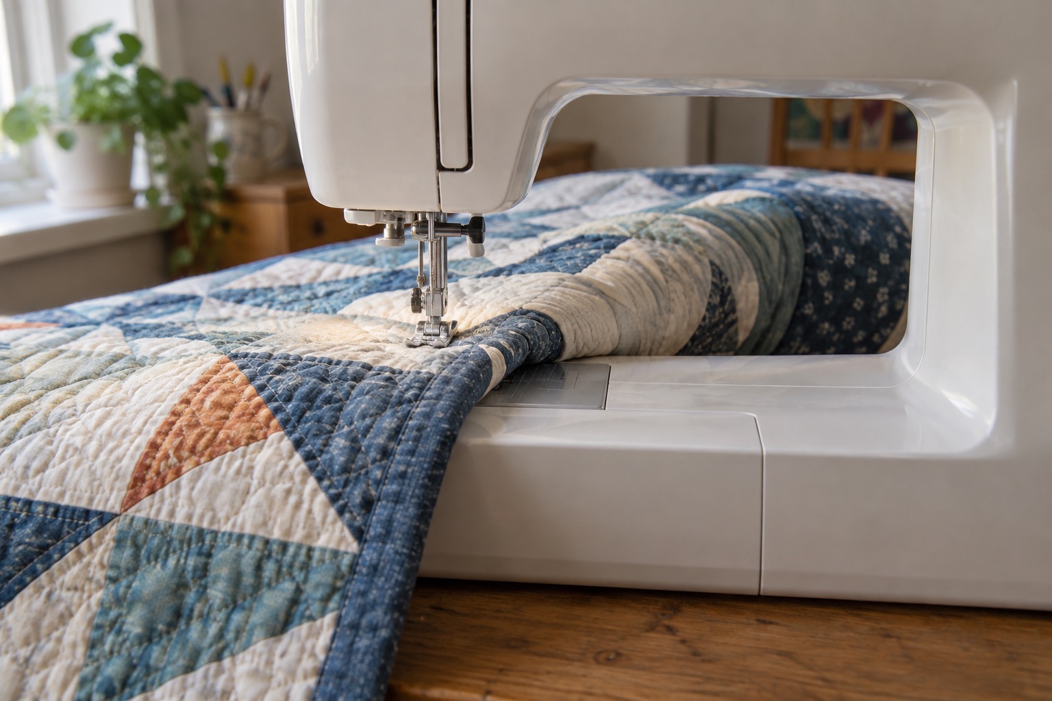 Close view of a rolled quilt passing through the opening to the right of an unbranded sewing machine needle