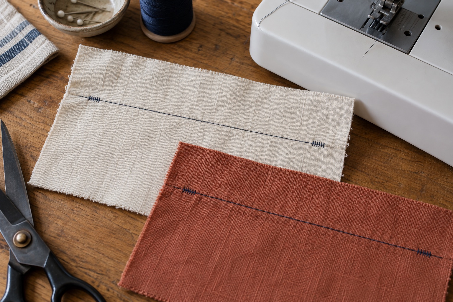 Close view of a short reinforced section at the end of a straight cotton seam beside a domestic sewing machine