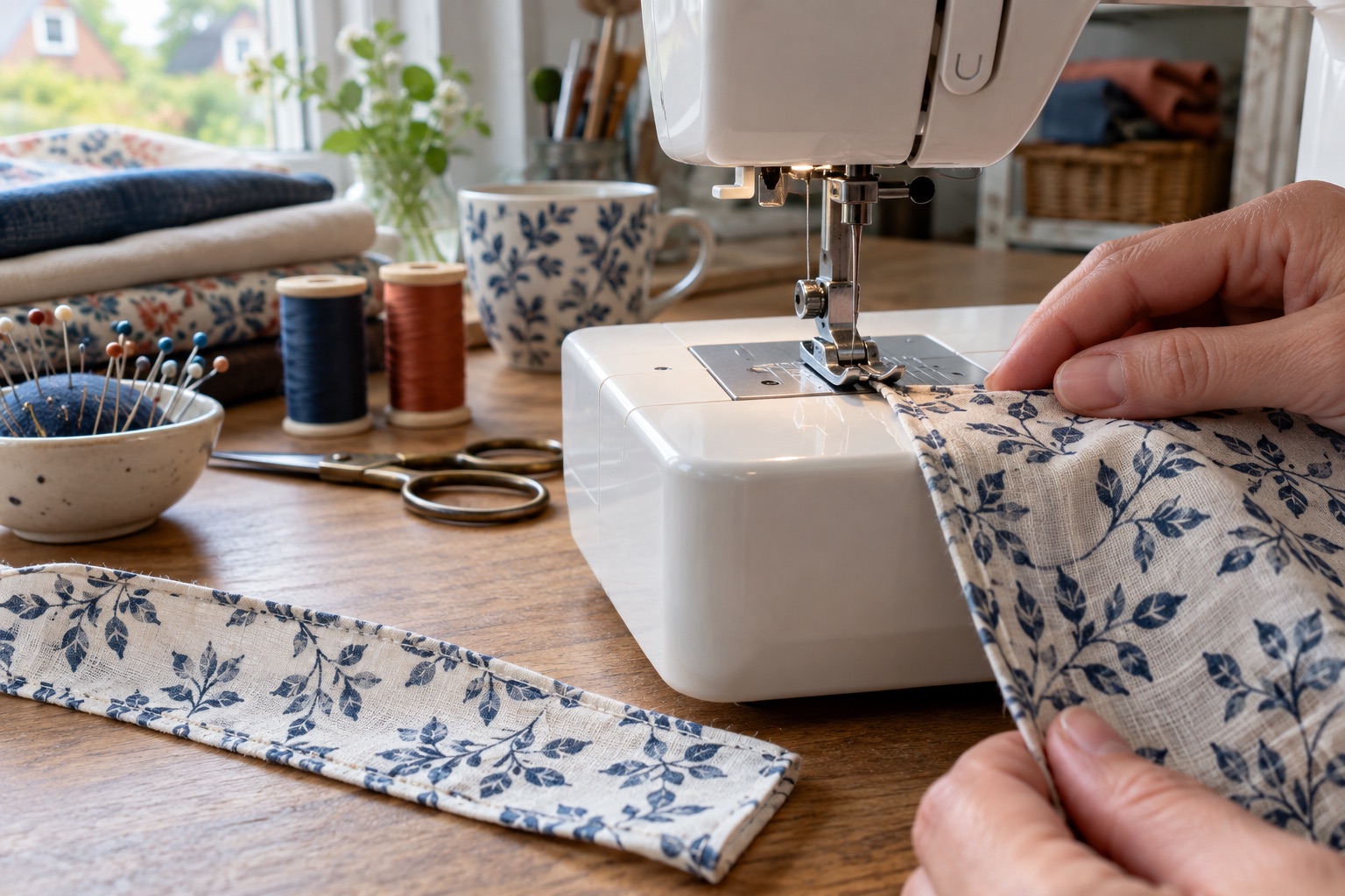Fine patterned cotton entering a narrow hemmer foot on an unbranded domestic machine