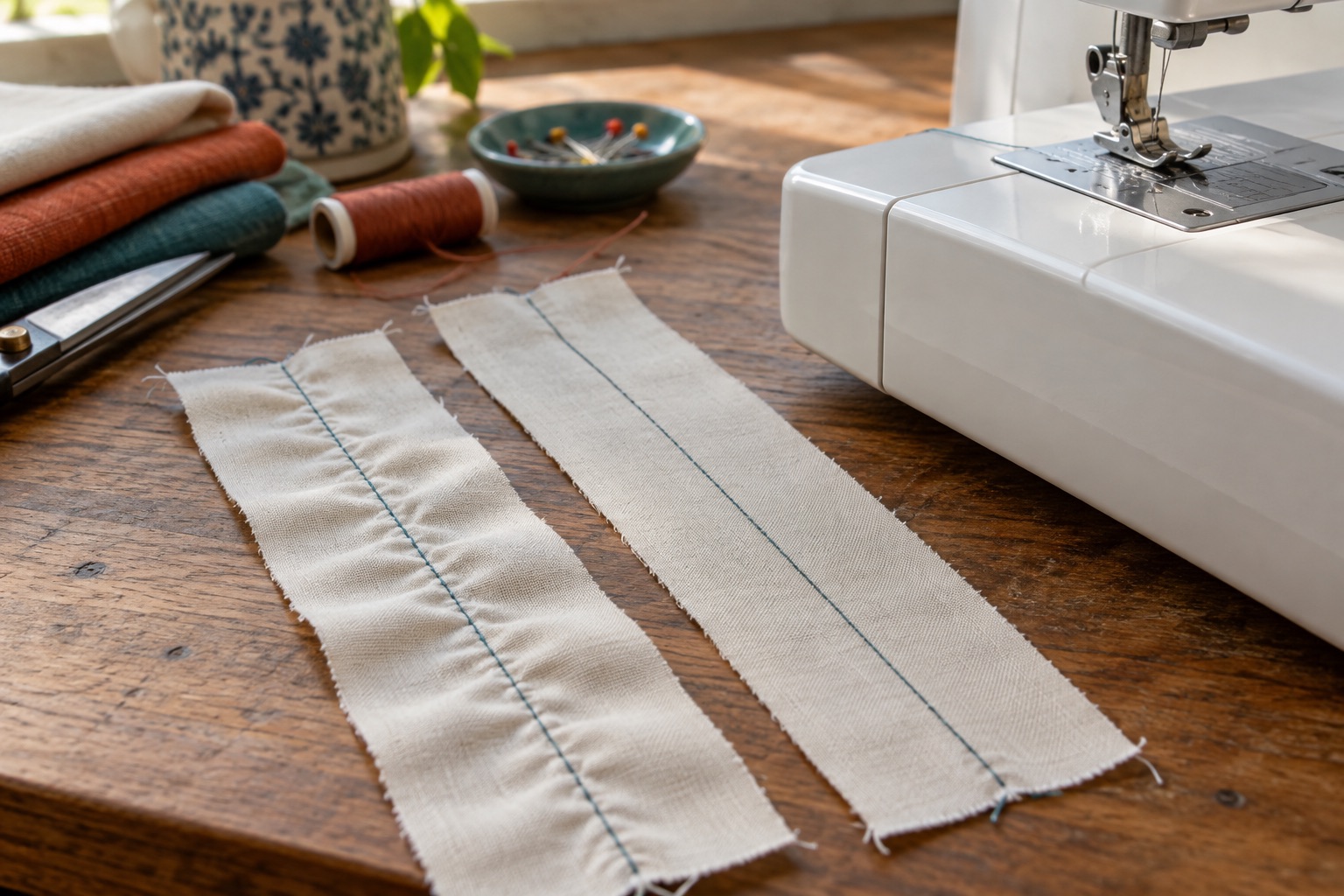 Close-up of a rippled sewn seam on pale fabric beside an unbranded sewing machine