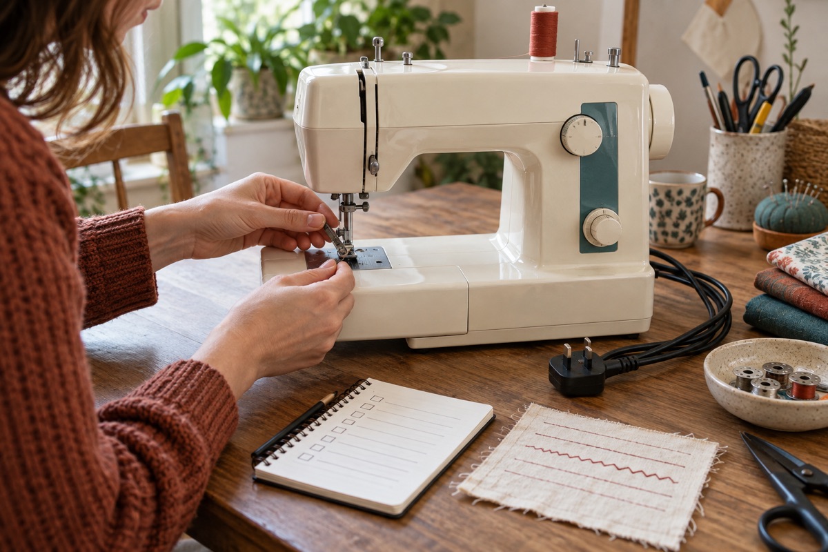Editorial scene of a sewist inspecting the foot area of an unbranded domestic machine beside a checklist and fabric swatch