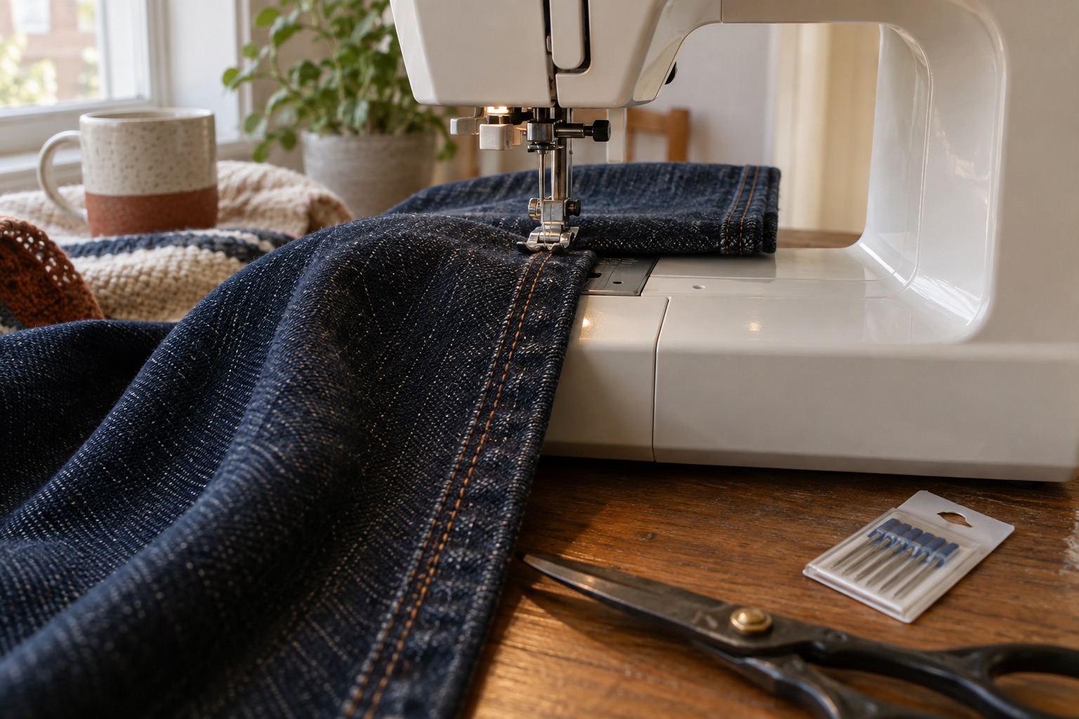 An unbranded home sewing machine at a thick indigo denim seam crossing