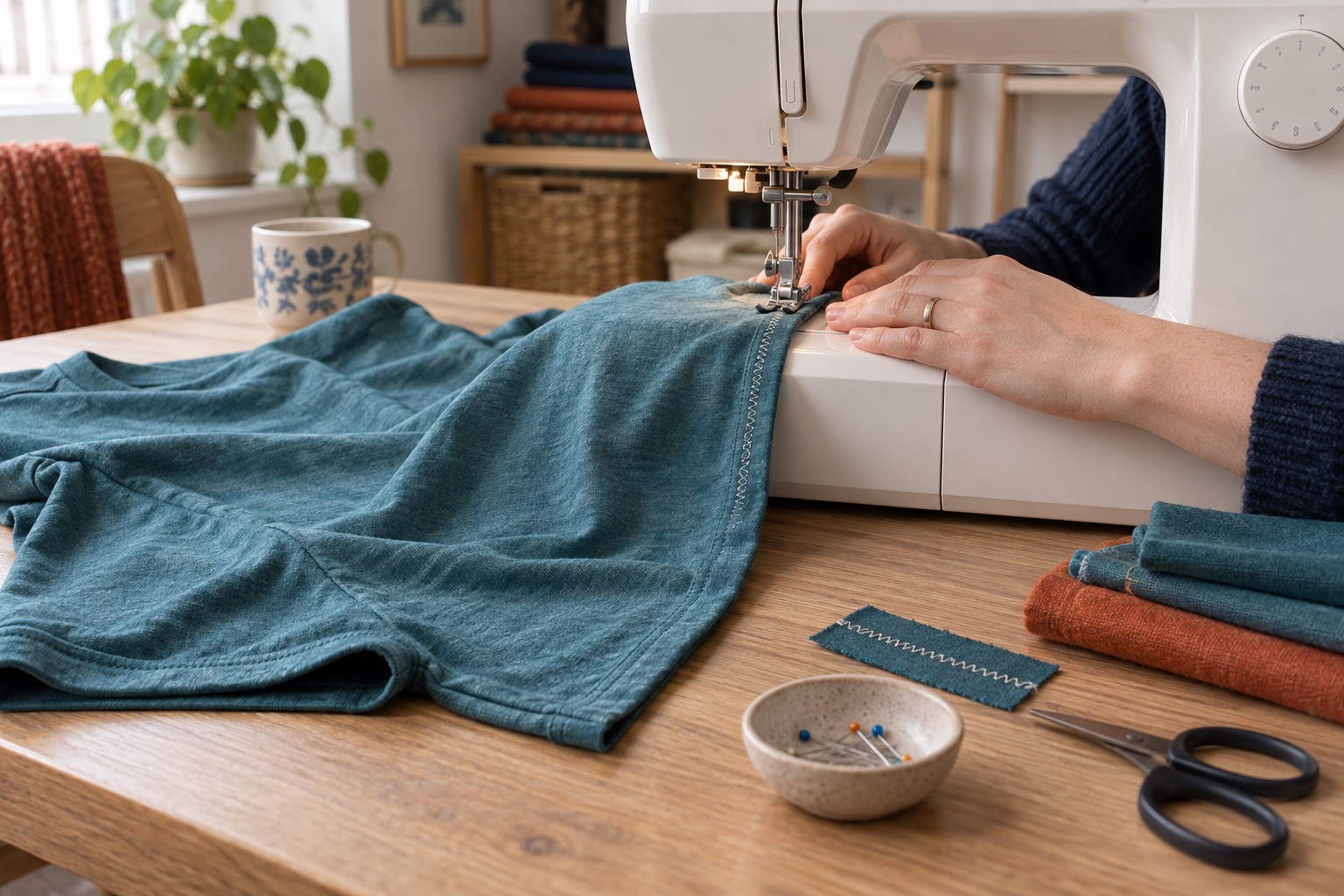 A home sewist feeding teal jersey through an unbranded domestic machine with a seam sample nearby