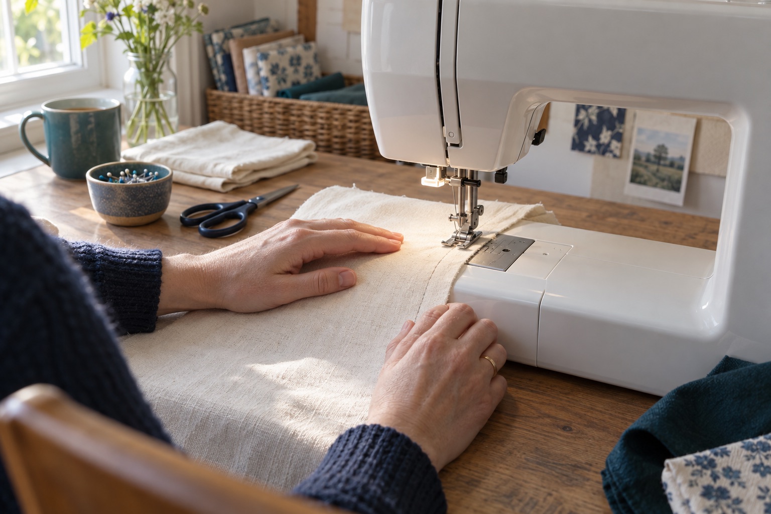 An unbranded sewing machine stitching a straight seam in plain cotton with the fabric edge aligned to a guide