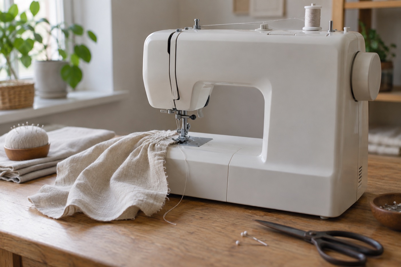 Cotton fabric gathered beneath the foot of a powered-off unbranded sewing machine