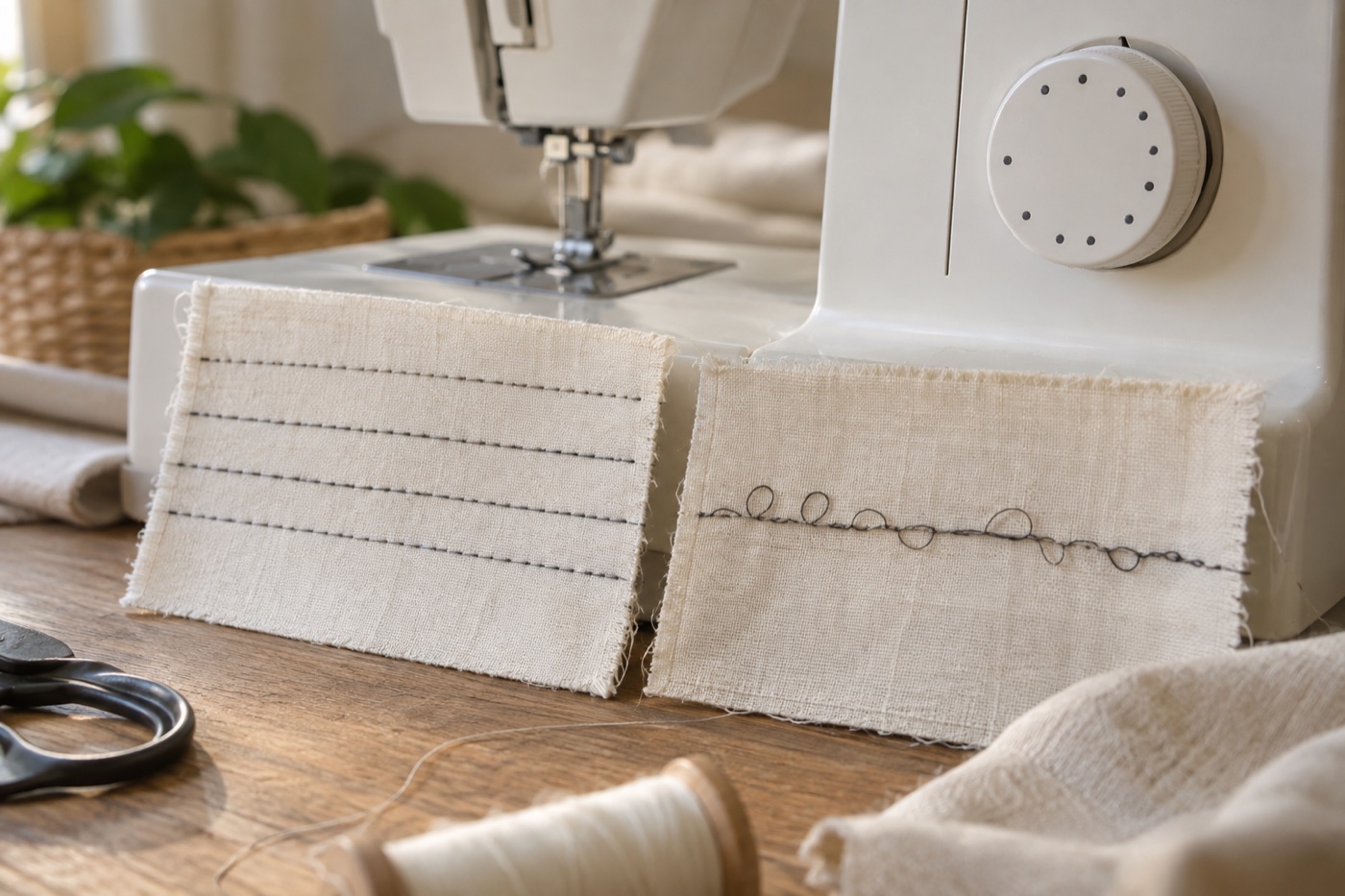 Two cream fabric samples with balanced stitches and loose loops beside a machine tension dial