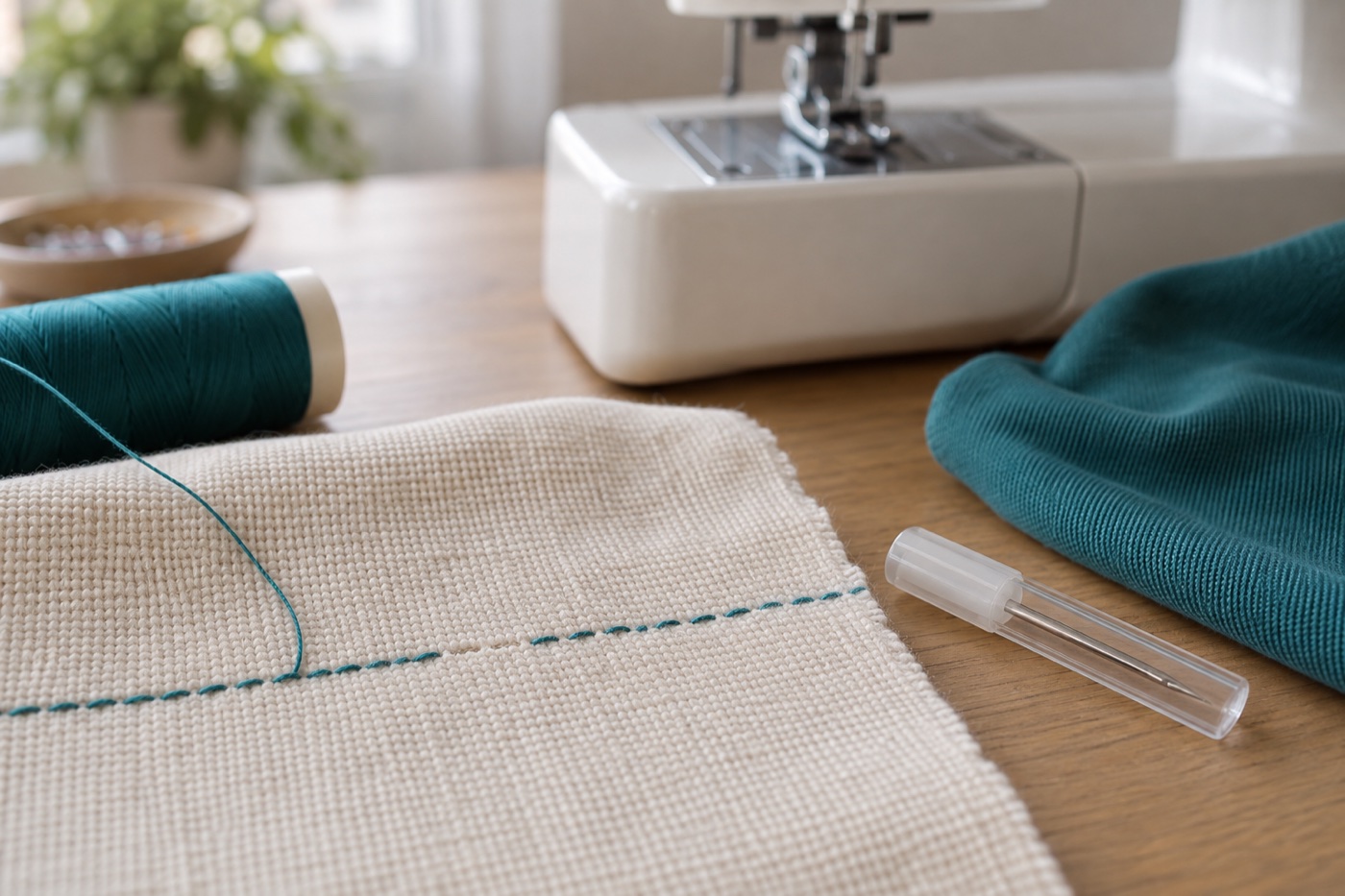Cream fabric test seam with a visible missed stitch beside a cased machine needle