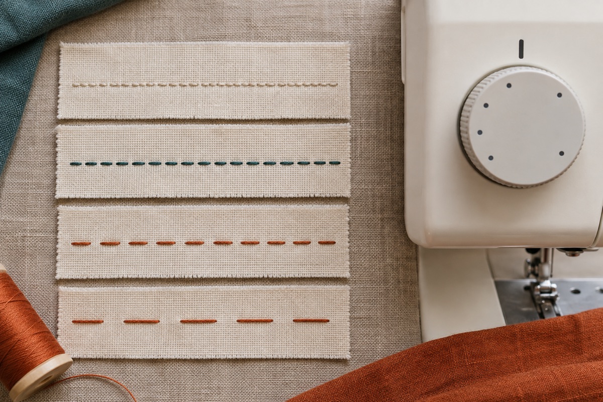 Editorial swatches of woven fabric with clearly different straight-stitch spacing beside an unbranded machine dial