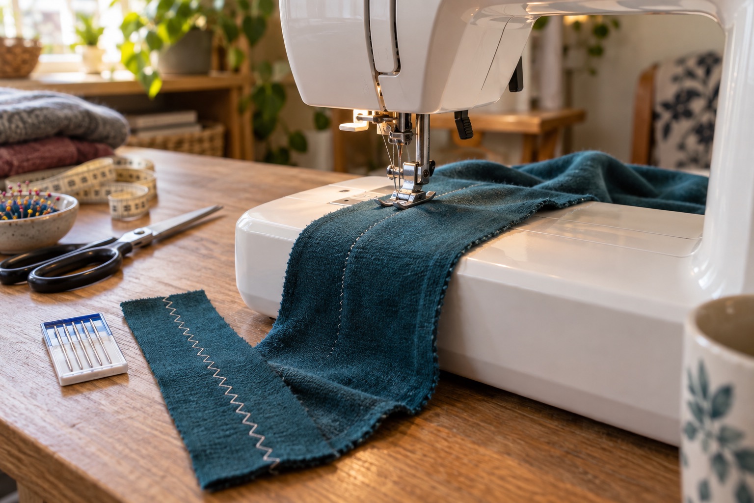 An unbranded domestic machine stitching dark teal knit fabric beside stretch-seam test strips