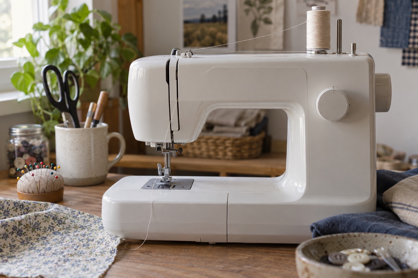 Unbranded domestic sewing machine with a spool and visible upper thread path