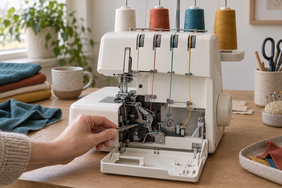 An unbranded overlocker with its looper cover open and colour-coded threading paths visible