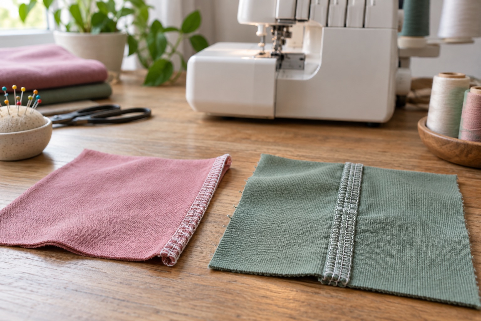 Two overlocked fabric samples illustrating a finished edge and a joined seam