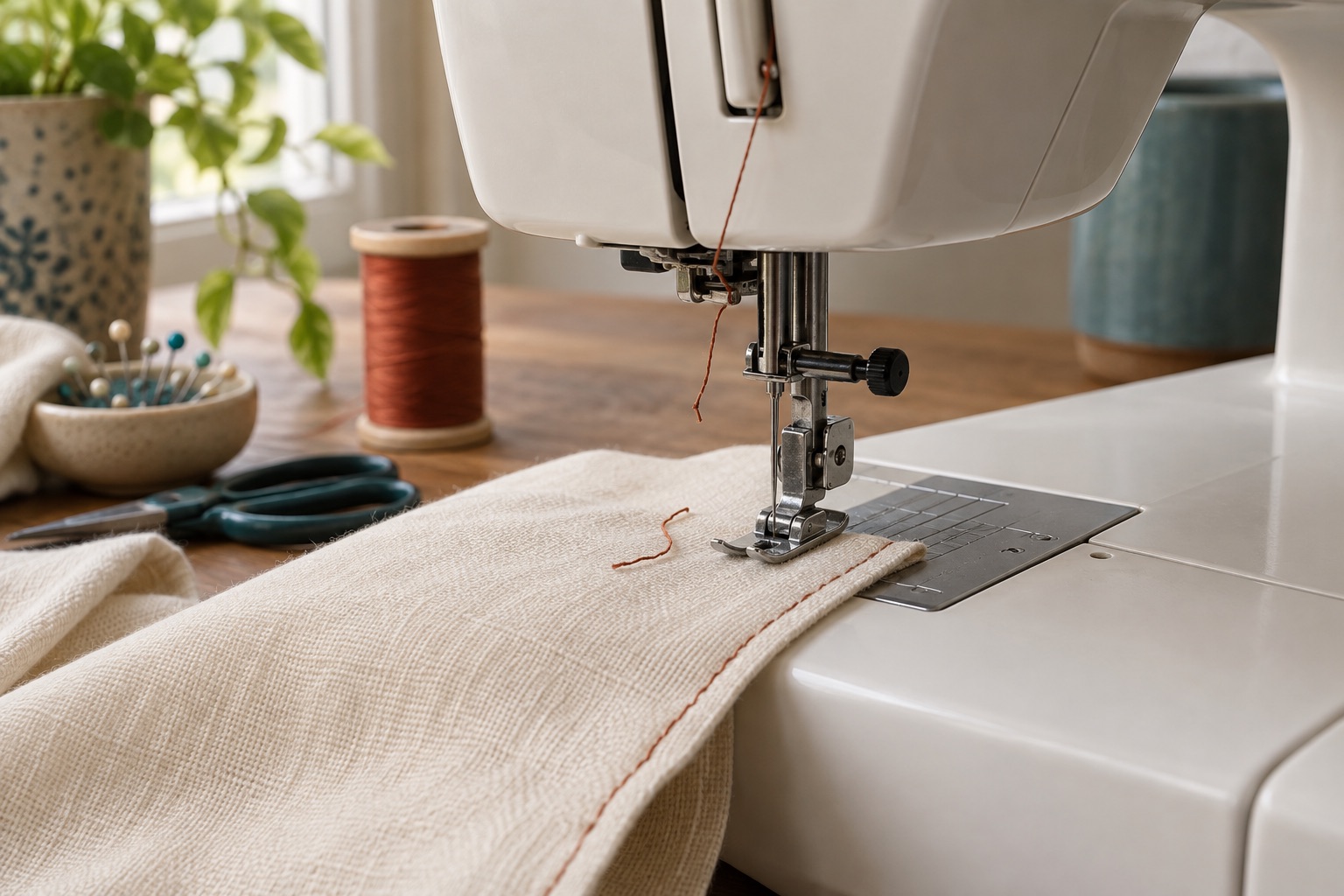 Short snapped upper thread hanging near the stationary needle of an unbranded sewing machine