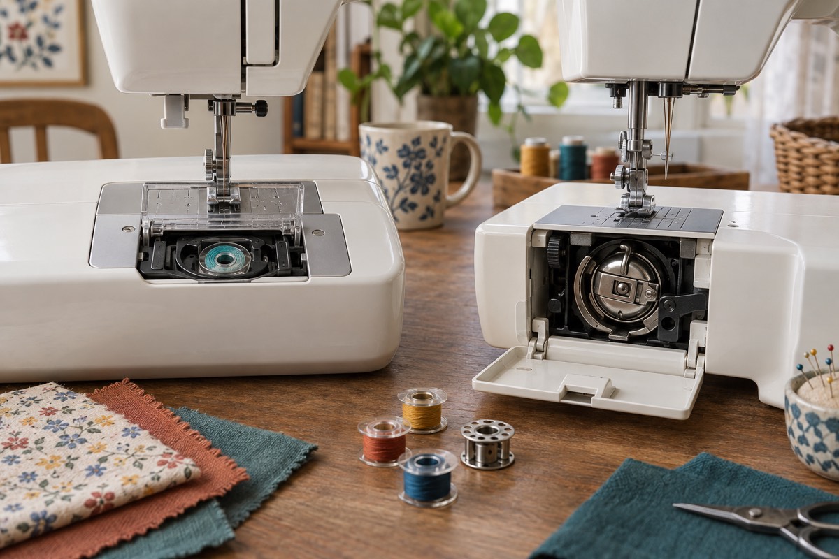 Side-by-side unbranded sewing machines showing a top-loading bobbin and a removable front-loading bobbin case