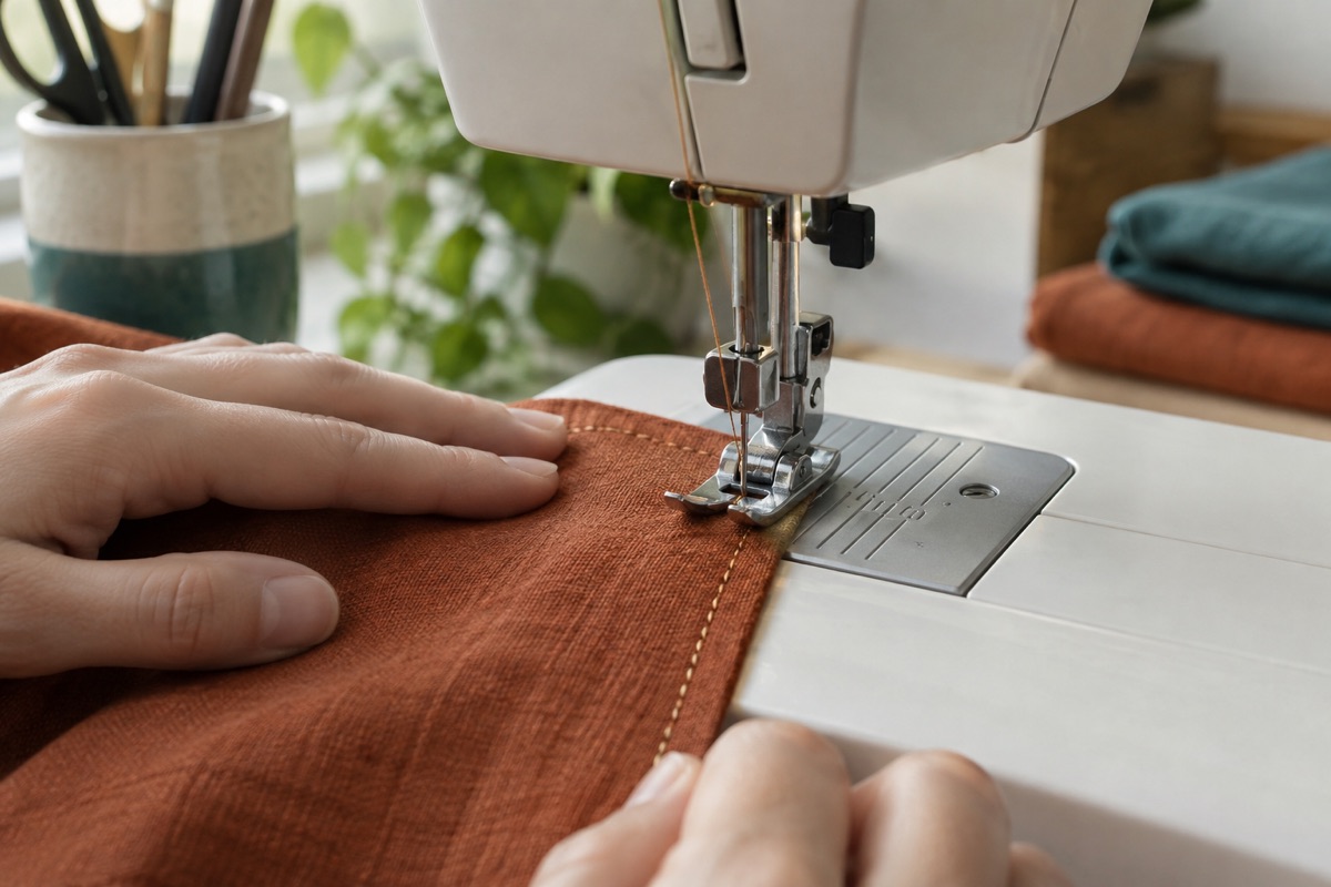 Editorial close-up of an unbranded machine making a visible contrast topstitch along rust woven cotton