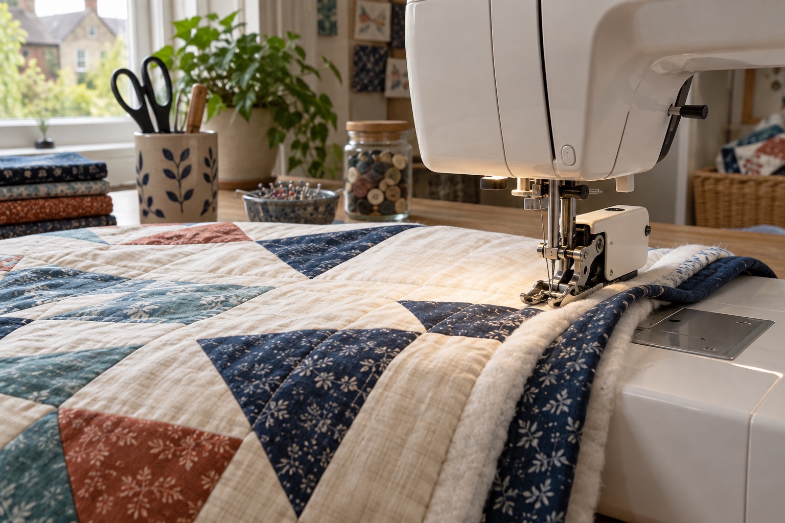 A generic walking foot feeding a layered patchwork quilt through an unbranded domestic machine