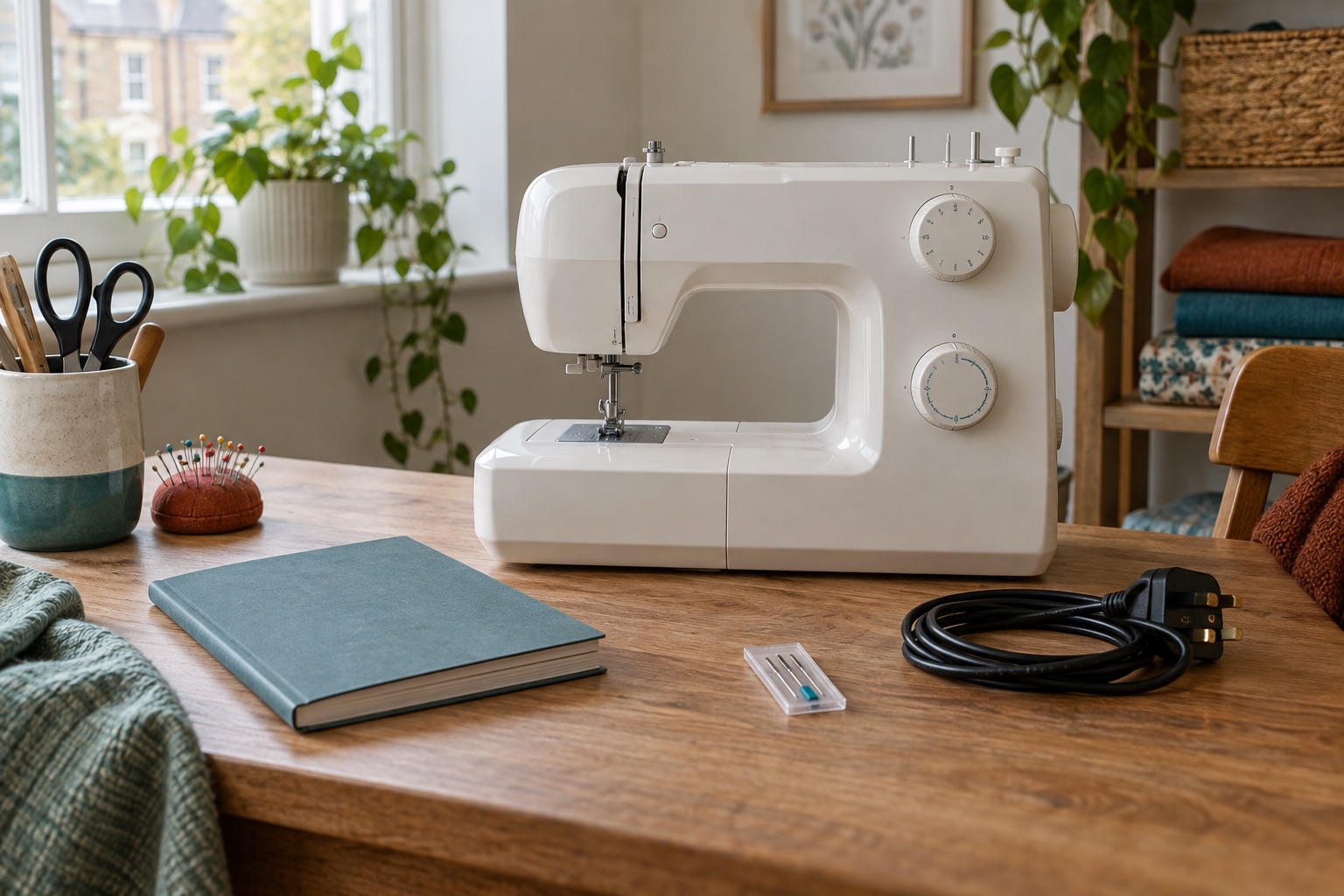 Switched-off domestic sewing machine on a clear workbench awaiting inspection