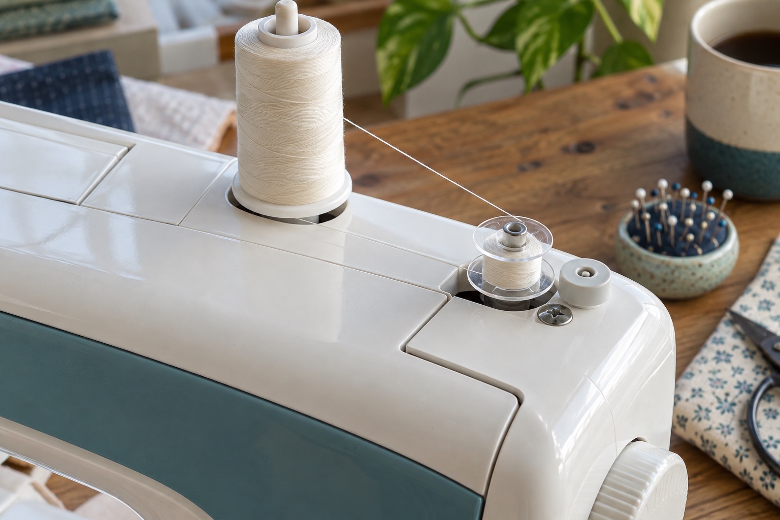 Cream spool and a bobbin on the upper winding area of an unbranded domestic sewing machine