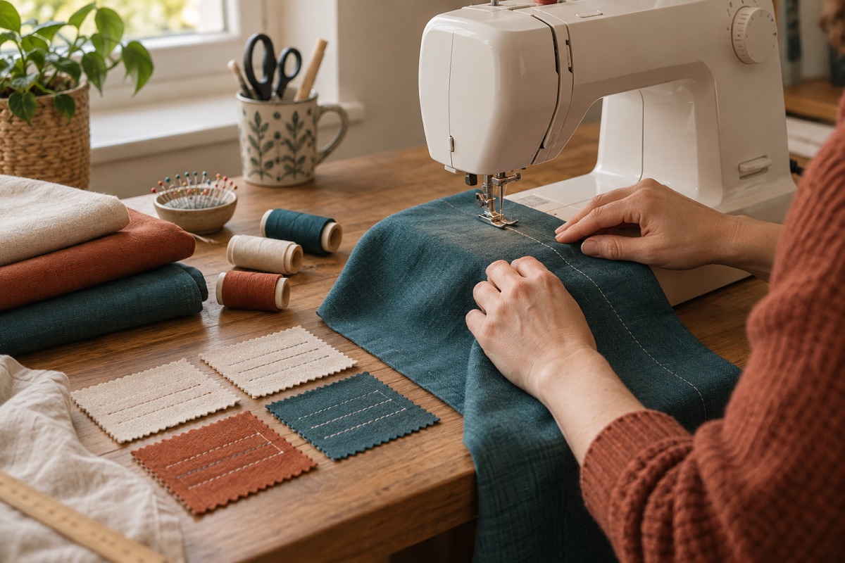 Editorial scene of an unbranded sewing machine making a straight seam in teal woven cotton beside fabric test swatches