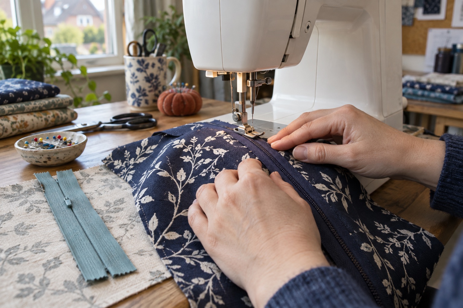 An unbranded domestic machine sewing beside a dark zip in patterned cotton, with a second zip sample nearby